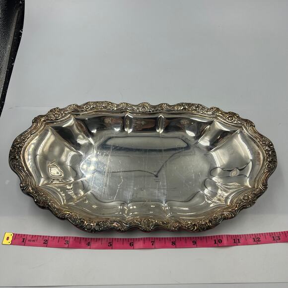 Vintage Silver Plated Tray Textured Rose Pattern Ribbon Decorative Serving Tray - Picture 3 of 8